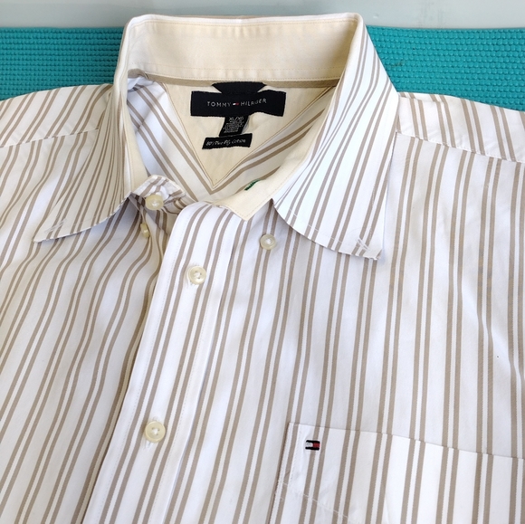 Tommy Hilfiger 80's Two Ply Cotton Men's Tan/White Striped Shirt XL - Picture 7 of 8
